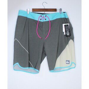 Quick Silver Swim Shorts Men's 38 Gray Blue Scotch Guard Pockets Swimwear Beach
